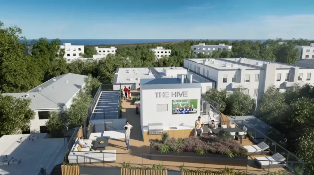 Spacious rooftop deck with full kitchen, barbecue, and TV at The Hive Apartments - Housing near UCLA